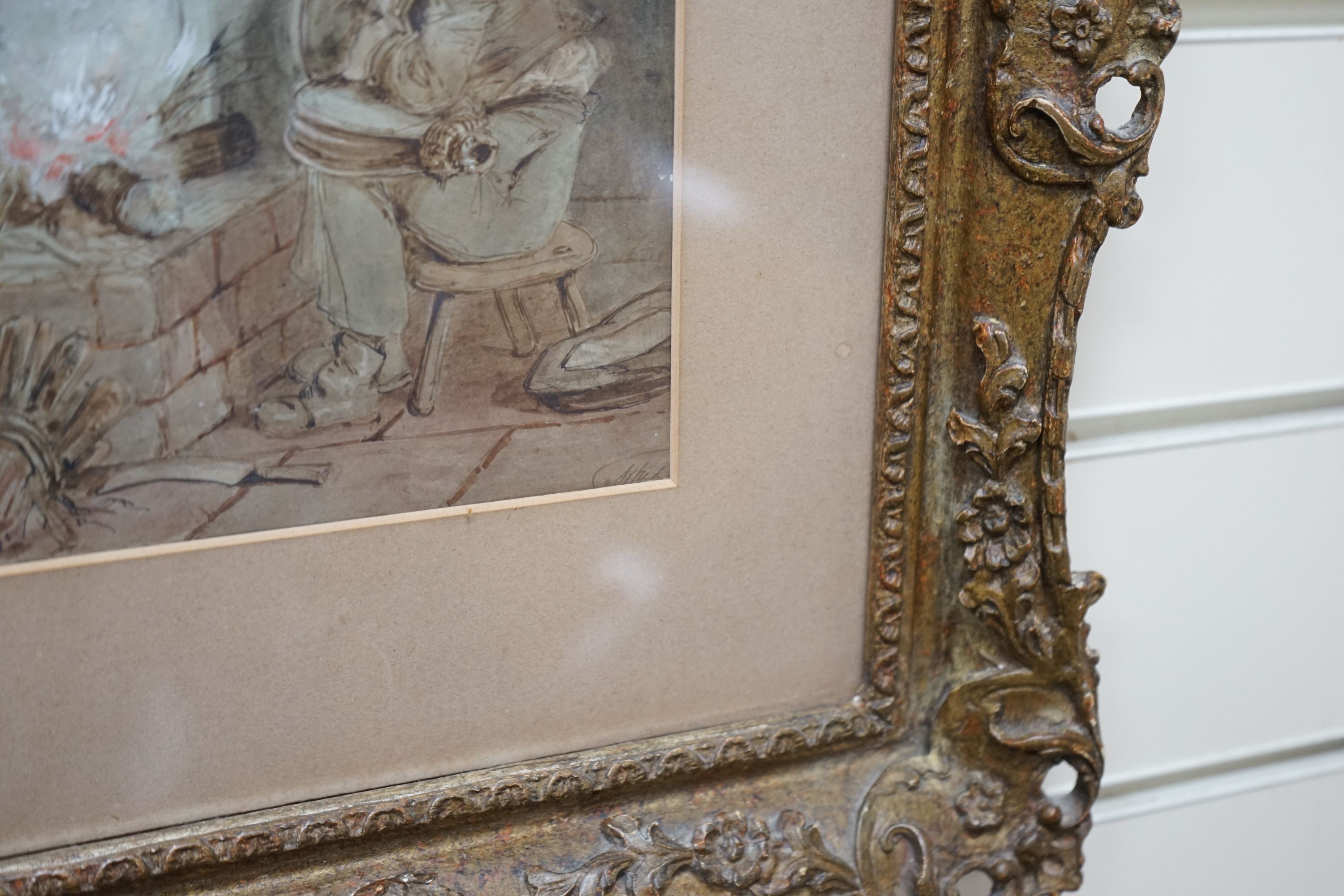 Alfred Provis (1843-1886), ink and watercolour, 'Lost in thought', signed, 21.5 x 16cm